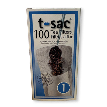 A package of 100 t-sac tea filters, size 1, shown on a clean white background. The packaging features a blue and white design with a photo of a tea bag filled with dark tea.