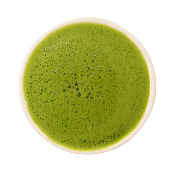 Prepared cup of Hourglass Matcha powdered green tea