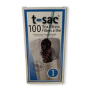 A package of 100 t-sac tea filters, size 1, shown on a clean white background. The packaging features a blue and white design with a photo of a tea bag filled with dark tea.