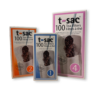 Three t-sac 100 Tea Filters boxes arranged together on a white background, showing orange, blue, and pink packaging with a photo of a hanging tea bag.