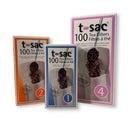 Three t-sac 100 Tea Filters boxes arranged together on a white background, showing orange, blue, and pink packaging with a photo of a hanging tea bag.